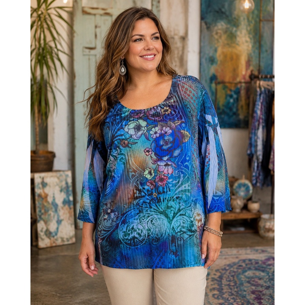 527.  Boho Avenue Stretch Blue Floral Ribbed Top Plus Size 26/28 3/4 Sleeve